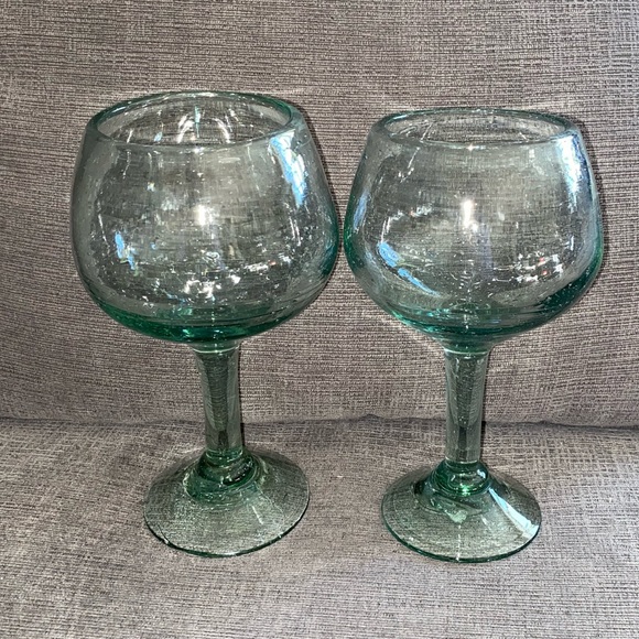 Hand Crafted Dining Hand Blown Recycled Green Tint Thick Glass Wine